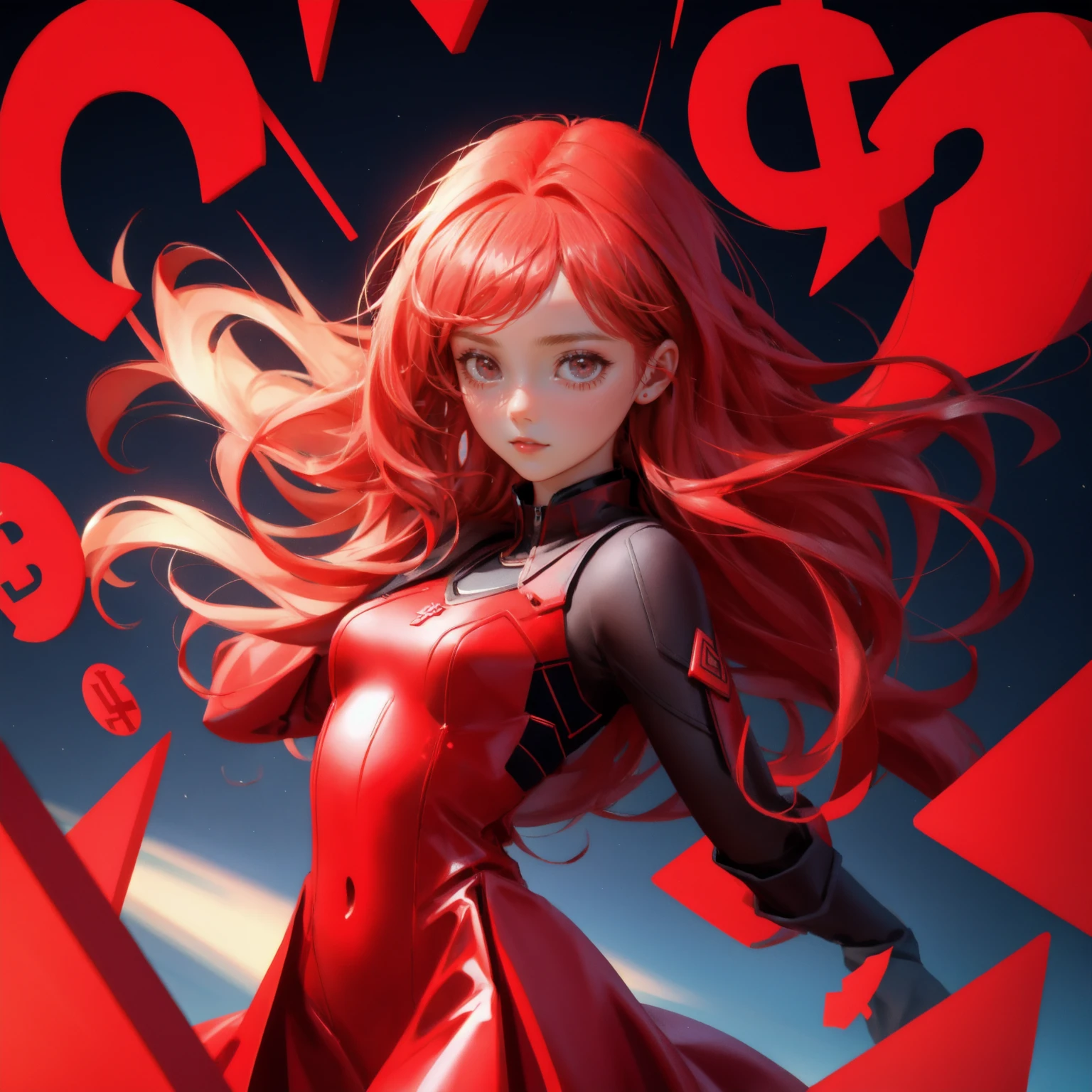 3D red-clad girl, panicked expression, reaching for floating crypto symbols.