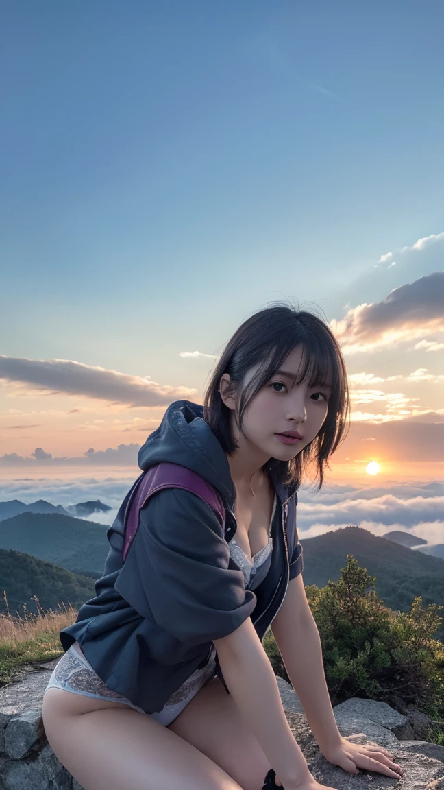 Highest quality, masterpiece, Ultra-high resolution, (Realistic:1.3), RAW Photos, (Nature landscape photography), (Majestic Mountain々The summit of the, sea of clouds), (とても大きな山The summit of the), (sunset), (one person&#39;s), (Upper Body), (20-year-old), (smile:0.9), (Glowing Skin), (short hair, Dark brown hair), (A loose white see-through T-shirt), (Tight Casual Super Shorts),(Off the shoulder)、 (Ultra detailed face), (Nipple erection:1.2), (Highly detailed eyes), (Highly detailed nose), (Highly detailed mouth), (Very skilled hands), (Super-detailed body), Sony a7, 85mm lens, f9.0, Pan Focus
、We provide high quality lace panties、(Turn your body forward、To the camera、Face to face:1.3)、(Please put your hands on the ground、Hunchback、Dorsal position:1.3)、Shooting from below、