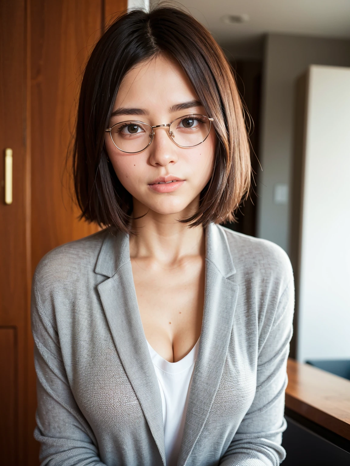 Top Quality, A beautiful, short-haired woman with an intelligent and sophisticated look, laugh, wearing stylish eyeglasses that accentuate her sharp, inquisitive eyes. Her hair is neatly styled in a modern, short cut that complements her facial features, giving her a sleek and polished appearance. She is dressed in a crisp, professional outfit, perhaps a blazer or a blouse, with subtle details that highlight her refined taste. suggesting her intellectual nature. The background is a minimalist office or library, with soft lighting that enhances her calm and focused demeanor."