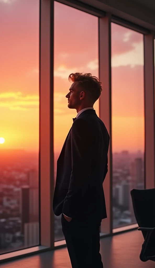Make me a photo of a man who has blonde hair, wearing suit,  standing infront of a glass window as he watches the sunset from his office. The perspective is from his back so we don't need to see his face. Make his office look like a minimalist but slick