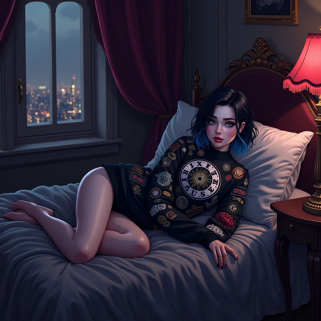 (pixel art: 1.2), beautiful gothic women, sexy gothic girl, designer sweatshirt coat with logos, pants, short black hair with blue tips, bedroom, Lying on the bed, (by Isaac Quek: 0.8) [por Ilia Kuvshinov: 0.65]