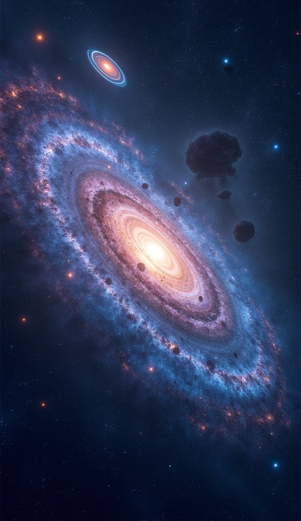 "A vast cosmic scene with countless stars and galaxies spread across the dark expanse of space, featuring spiral, elliptical galaxies glowing in hues of blue, purple, and white, with bright nebulae adding depth to the dark background. The scene should evoke a sense of the infinite and majestic beauty of the universe."
