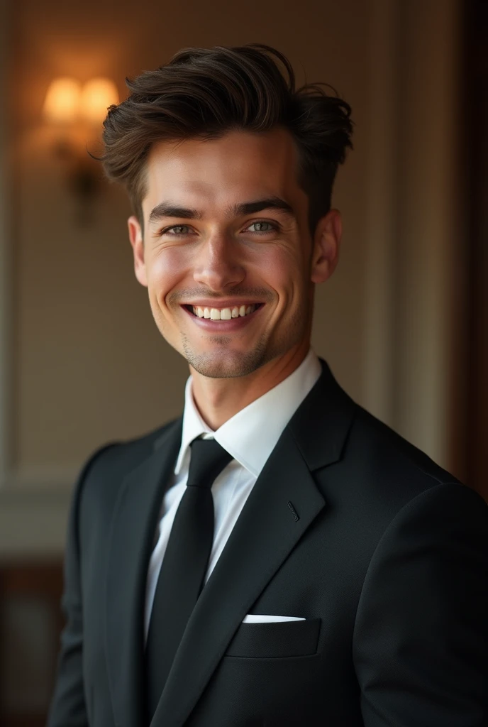 a handsome young man, detailed portrait, realistic, photorealistic, elegant suit, smiling expression, serious expression, looking at camera, headshot, close-up, beautiful detailed eyes, beautiful detailed lips, extremely detailed face, high quality, 8k, hyper detailed, intricate, cinematic lighting, vivid colors, warm tones, sharp focus, professional photography