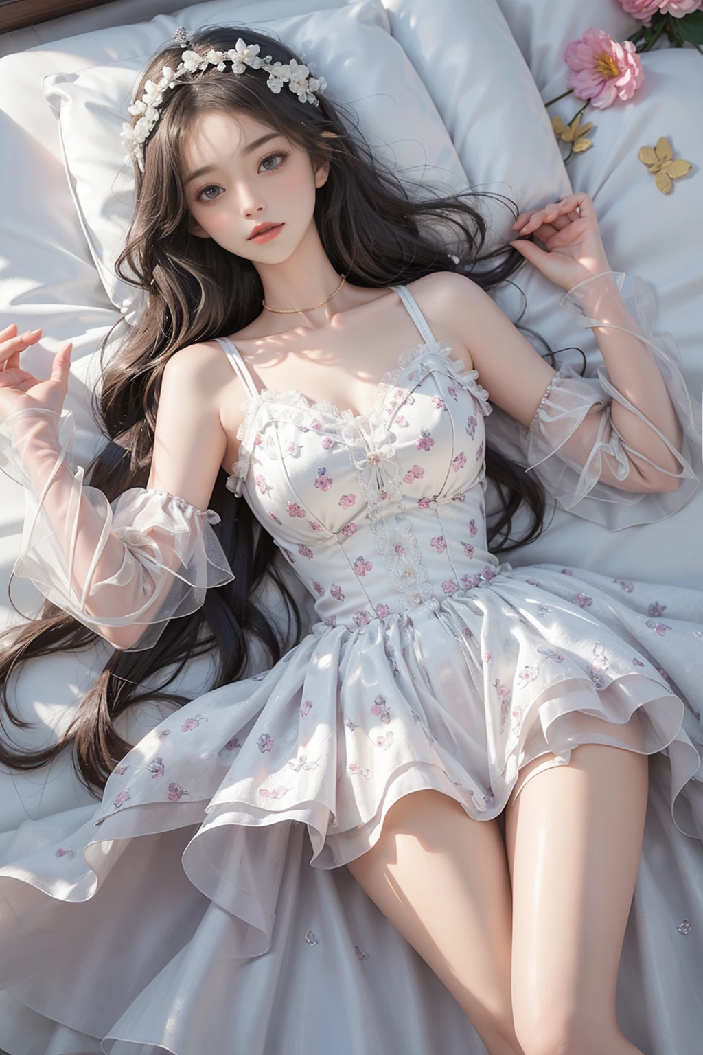 flower_dress（(Girl lying in bed))、A beautiful and moving woman, in an elegant pose, her full breasts on display.，Visible cleavage，The skirt is short, Sexy long legs，Variety of slim and cute beauties, Her long hair cascades down her shoulders like a waterfall。She smiles radiantly，Eyes sparkle，Her skin is flawless。Her curves are highlighted。Sparkle in the light，The colors are soft，Perhaps in shades of light pink or lavender。She lay confidently，One hand on hip，Her posture is both graceful and strong。She wears elegant high heels，Goes well with her outfit。In the warm golden sun。The overall atmosphere of the image is tranquil and uplifting，Emphasizing natural beauty and elegance, Studio Lighting,Bright colors, Sweet maiden, sweet smile, make up，shy，Blush，Parted lips，Heavy breathing，moan，Surrealism，Realism，Movie Lighting，Relief，Sony FE GM，Retina，masterpiece，precise，Anatomically correct，Textured Skin，Super Detail，High Detail，best quality，rich and colorful