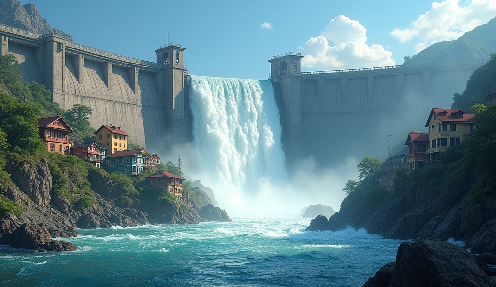 A Indian high dam destroy photo lot water and under the dam have lot of house