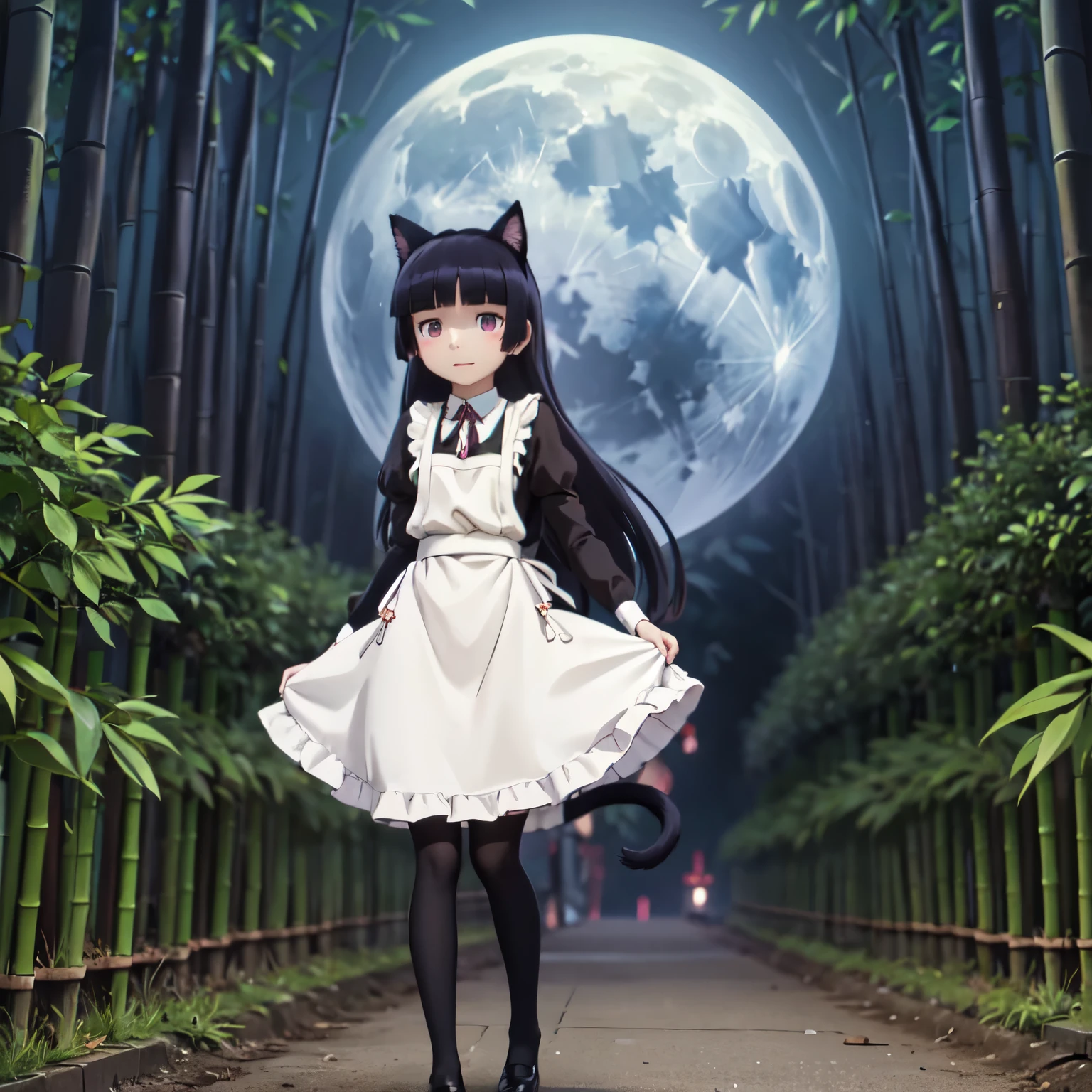 Standing in the bamboo forest, Moonlight shines in, Silence and mysticism, (ruri gokou), alone, Hime cut, Long Hair, Maid clothes, Cat ear, stockings, Black Tail, apronスカート, Long skirt, stockings, apron, Frills, ribbon, collar, cuffs, full body