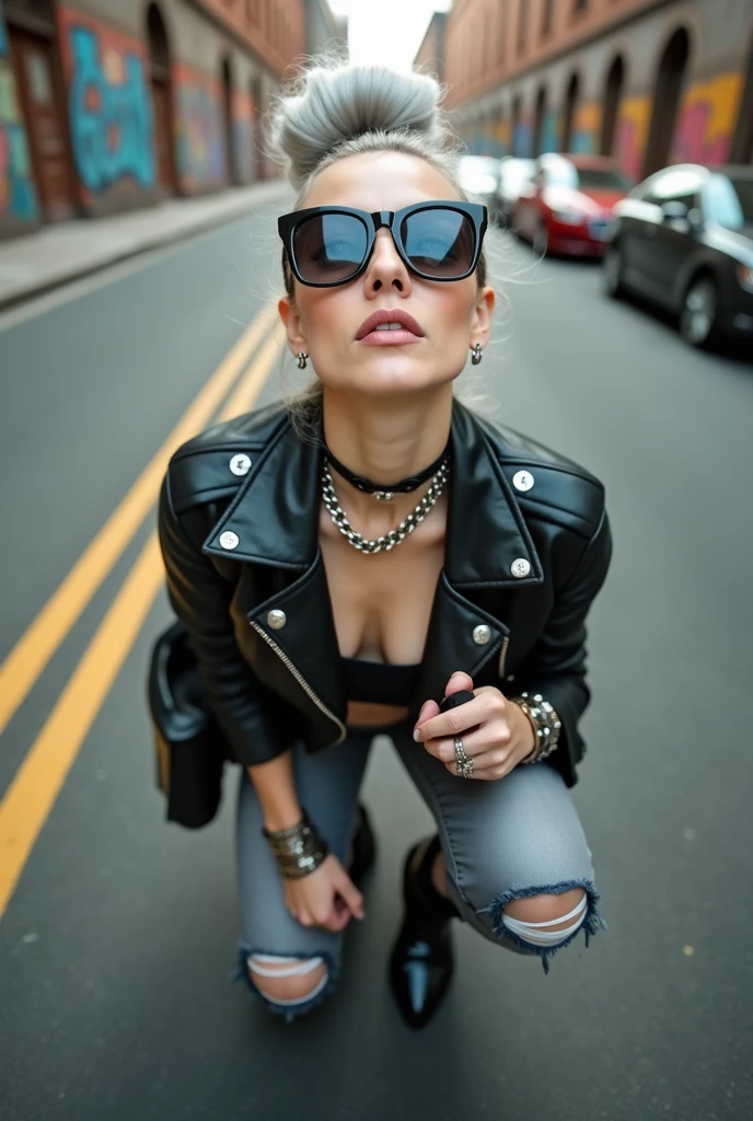 russian old milf woman, grey hair (huge top bun) and sunglasses as headband (big maxi glasses), with very light blue eyes, extremely pale. Wearing cropped black moto jacket, black bra, dark grey jeans with some ragged holes and pointy Chelsea boots with cuban heels . Lots of metallic bracelets and collars. Tacky leather belt with oversized buckle. Wide loop earrings. Kneeling in a payer, looking up, chin up, eyes and mouth wide open in amazement. Hands on her knees. Toned abdominals, thin legs and thin arms. tattoed