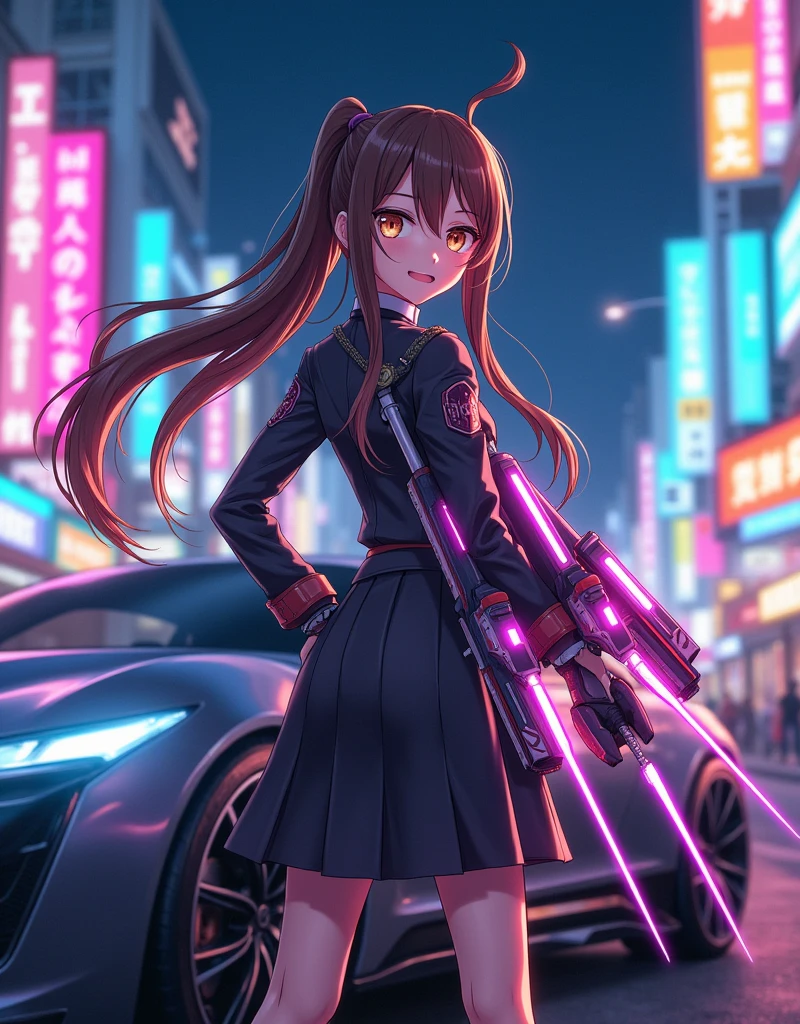 Japanese anime style。A beautiful girl in a uniform is standing next to a car, holding colorful sci-fi weapons。