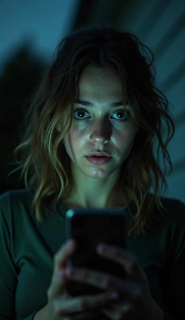 Show the character frantically trying to call someone on their phone, only to discover there’s no signal, no response. They rush to a neighbor’s house, knocking on the door, but there’s no answer. Inside, the neighbor is seen frozen mid-motion, adding to the growing sense of dread.