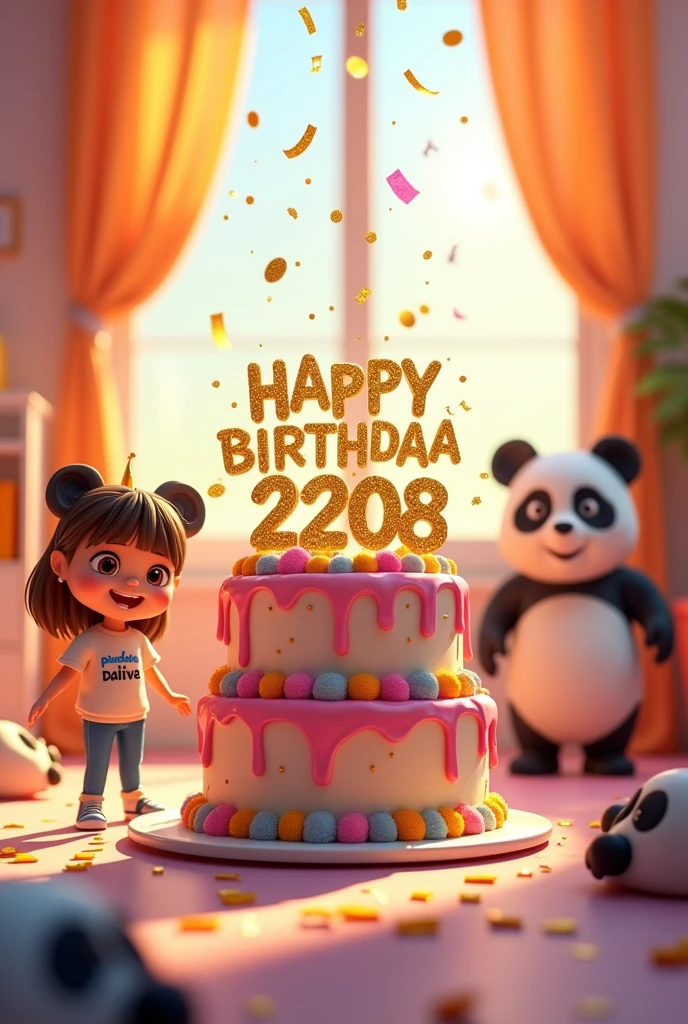 "An abstract animation of a birthday cake with the colors and the panda channel shield as the main decoration. No topo do bolo, in golden letters, Happy Birthday Dadivaa, 22.08'. The cake is in the center of a bright room. With a girl beside her parents, the name Dádiva written on her shirt. Golden confetti falls from the sky and there are panda animations in the background.. style cartoon, vibrant colors and fluid animation."