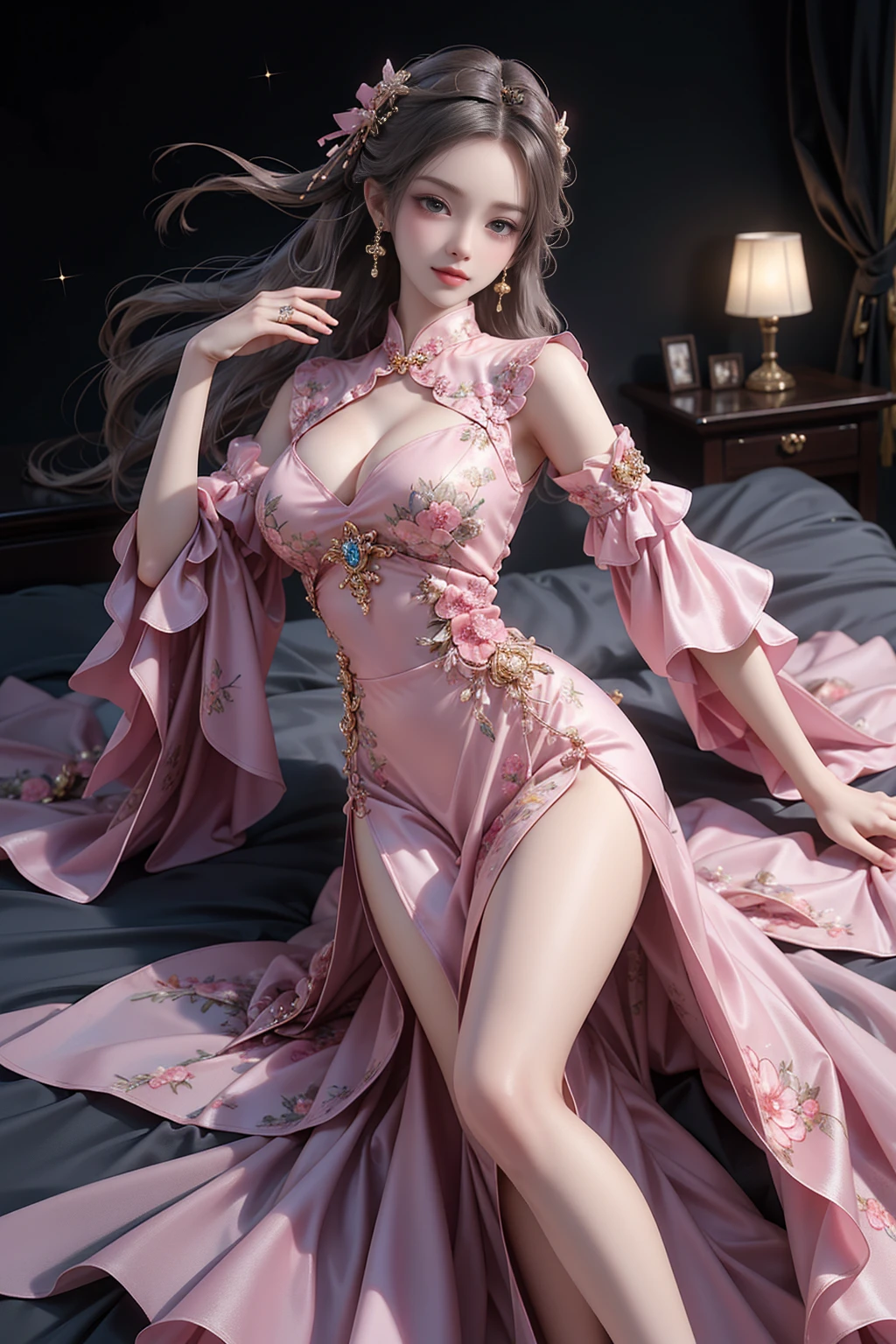 newchinesestylesuit((Girl lying in bed))、A beautiful and moving woman, in an elegant pose, her full breasts on display.,Visible cleavage,The skirt is short, Sexy long legs,Variety of slim and cute beauties, Her long hair cascades down her shoulders like a waterfall。She smiles radiantly,Eyes sparkle,Her skin is flawless。Her curves are highlighted。Sparkle in the light,The colors are soft,Perhaps in shades of light pink or lavender。She lay confidently,One hand on hip,Her posture is both graceful and strong。She wears elegant high heels,Goes well with her outfit。In the warm golden sun。The overall atmosphere of the image is tranquil and uplifting,Emphasizing natural beauty and elegance, Studio Lighting,Bright colors, Sweet maiden, sweet smile, make up,shy,Blush,Parted lips,Heavy breathing,moan,Surrealism,Realism,Movie Lighting,Relief,Sony FE GM,Retina,masterpiece,precise,Anatomically correct,Textured Skin,Super Detail,High Detail,best quality,rich and colorful