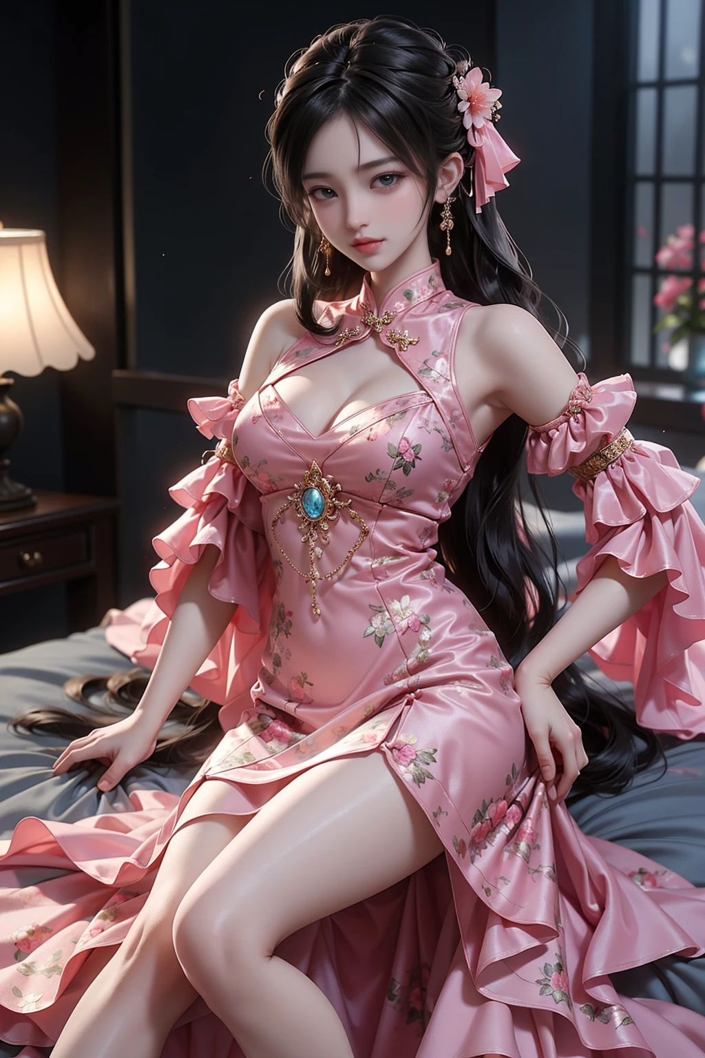newchinesestylesuit((Girl lying in bed))、A beautiful and moving woman, in an elegant pose, her full breasts on display.,Visible cleavage,The skirt is short, Sexy long legs,Variety of slim and cute beauties, Her long hair cascades down her shoulders like a waterfall。She smiles radiantly,Eyes sparkle,Her skin is flawless。Her curves are highlighted。Sparkle in the light,The colors are soft,Perhaps in shades of light pink or lavender。She lay confidently,One hand on hip,Her posture is both graceful and strong。She wears elegant high heels,Goes well with her outfit。In the warm golden sun。The overall atmosphere of the image is tranquil and uplifting,Emphasizing natural beauty and elegance, Studio Lighting,Bright colors, Sweet maiden, sweet smile, make up,shy,Blush,Parted lips,Heavy breathing,moan,Surrealism,Realism,Movie Lighting,Relief,Sony FE GM,Retina,masterpiece,precise,Anatomically correct,Textured Skin,Super Detail,High Detail,best quality,rich and colorful