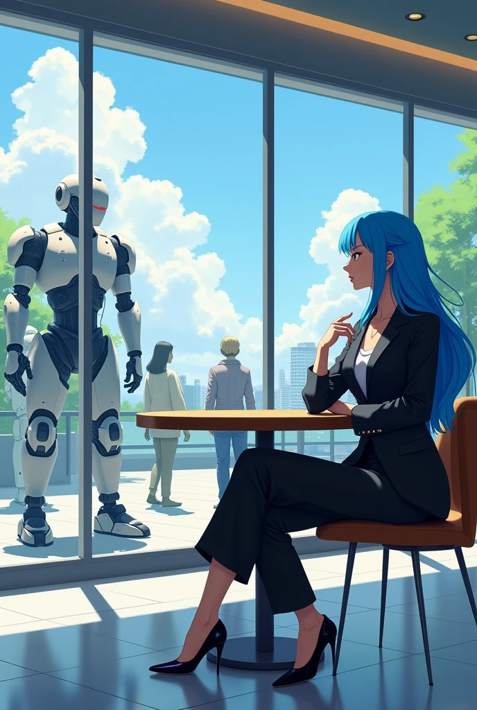 A large, blue-haired, adult woman dressed in black, a company president, is sitting in a minimalist cafe. The image is in an anime style. The view outside is a futuristic world where robots have entered human life, making life easy and convenient. 