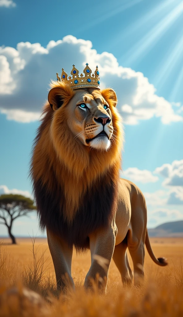 Generate an ultra-realistic 8k image of a strong, handsome lion with blue eyes wearing a king's crown on its head looking at the sky 