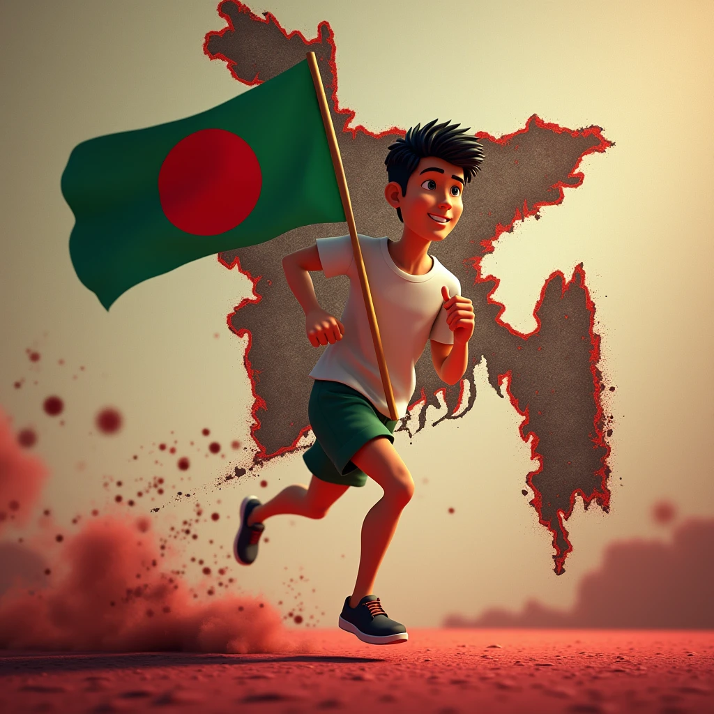 A 3D  crachter young man run with a Bangladesh flag in his hand. Background picture is Bangladesh map with blood