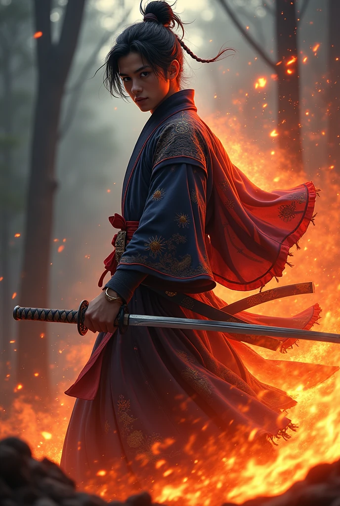 Generate an image of a character in the style of kimetsu no yaiba, let it be a man, that he is a hunter, a young character,that has the lion&#39;s breath and a little fire and that has a haori, that has a clothing style equal to the hunters of the anime Kimetsu no yaiba, that his clothes look like Rengoku&#39;s,that has a katana.