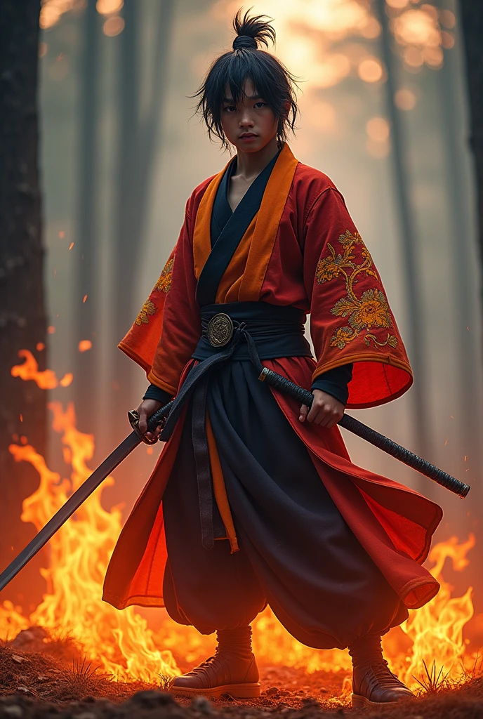 Generate an image of a character in the style of kimetsu no yaiba, let it be a man, that he is a hunter, a young character,that has the lion&#39;s breath and a little fire and that has a haori, that has a clothing style equal to the hunters of the anime Kimetsu no yaiba, that his clothes look like Rengoku&#39;s,that has a katana.