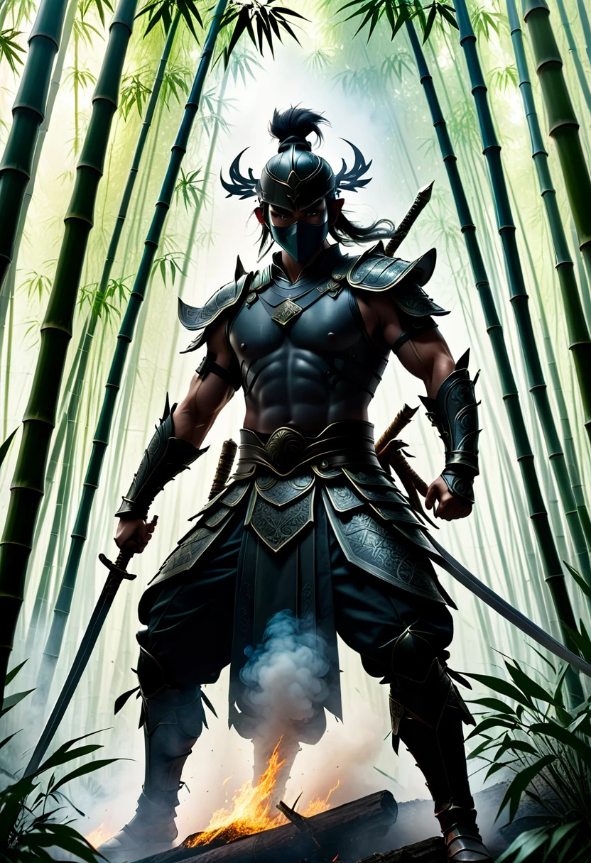 photorealistic of a{warrior's silhouette in the midst of bamboo forest with massive smoke surrounded}in a stunning fighting pose, draw a sword and pointing forward, intricate detailed, best quality as you can accomplish, skin pores, hyperrealistic, view from above, sky angle shot