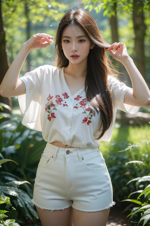 An extremely beautiful Asian model, blonde hair, brown eyes, snow-white skin, bright smile, using high-end cosmetics, wearing a white shirt with embroidered flowers, wearing red short jeans. Professional model pose. The background is a cool green forest, lake, blue sky, white clouds. Cinematic lighting, high detail, 8K, artstation, conceptual art, dark fantasy. Photo taken with Canon EOS R5 85mm f/11 camera, ((sharp)) mode of people and surroundings. Image quality ((8K)), ((realistic)), ((masterpiece)), ((sharpest and highest contrast)), ((excellent depth of field)), ((stereoscopic lighting)), ((angry, ferocious )), detailed pores, ((Direct light on the face)), bright sunlight.