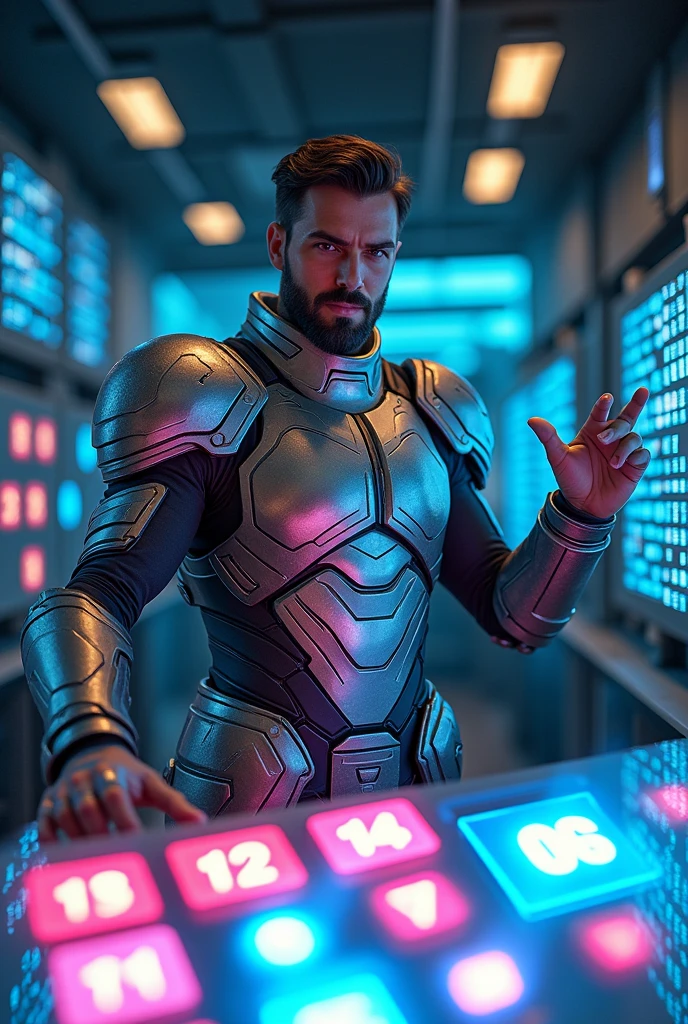 {
  "size": "1024x1024",
  "prompt": "Proton, in bright, shield-like armor, stands beside a glowing holographic table displaying various elements and their nuclei. The table should be vibrant, with distinct representations of different elements, each showing their proton numbers clearly. Proton’s expression is confident as he explains the importance of protons in defining each element."
}
