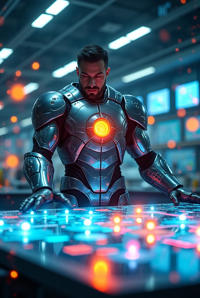 {
"size": "1024x1024",
"prompt": "Proton, in bright, shield-like armor, stands beside a glowing holographic table displaying various elements and their nuclei. The table should be vibrant, with distinct representations of different elements, each showing their proton numbers clearly. Proton’s expression is confident as he explains the importance of protons in defining each element."
}