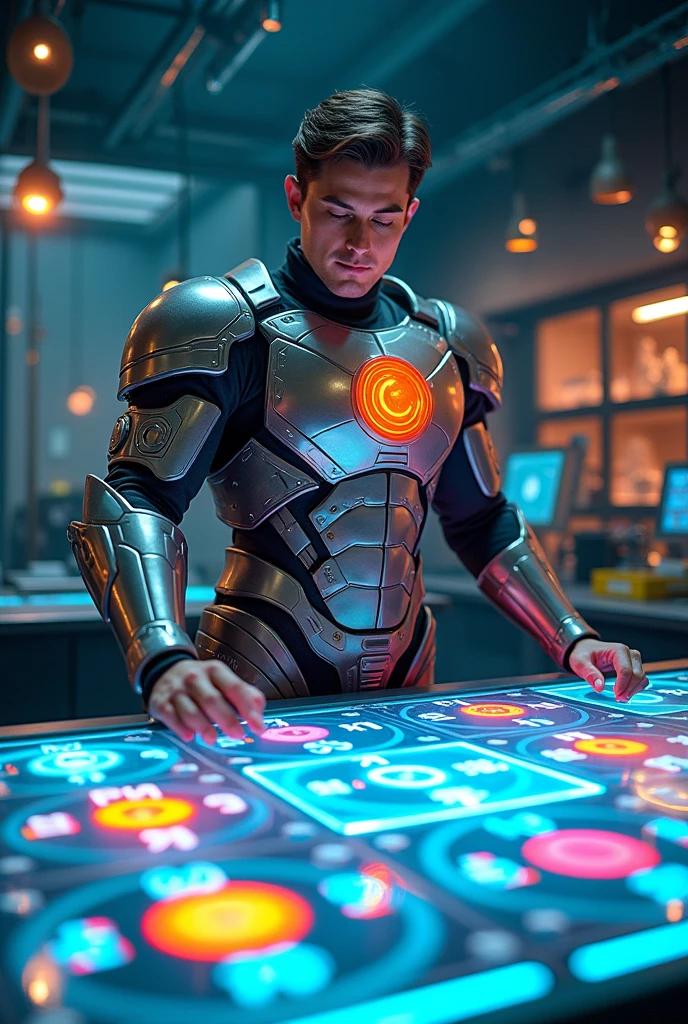 {
"size": "1024x1024",
"prompt": "Proton, in bright, shield-like armor, stands beside a glowing holographic table displaying various elements and their nuclei. The table should be vibrant, with distinct representations of different elements, each showing their proton numbers clearly. Proton’s expression is confident as he explains the importance of protons in defining each element."
}