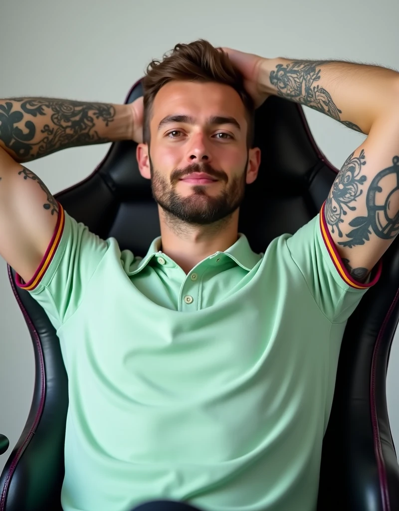 A relaxed, confident man with short, light brown hair and a trimmed beard is sitting back in a gaming chair. His arms are raised behind his head, exposing tattoos on both forearms. muscular body and he is wearing a light green polo shirt with colored stripes on the sleeves. The image is highly detailed and polished, emphasizing his calm expression and the intricate tattoos. The background is clean and isolated, with the subject being the main focus. The overall vibe of the portrait is casual yet professional, suited for a content creator or Twitch streamer persona.