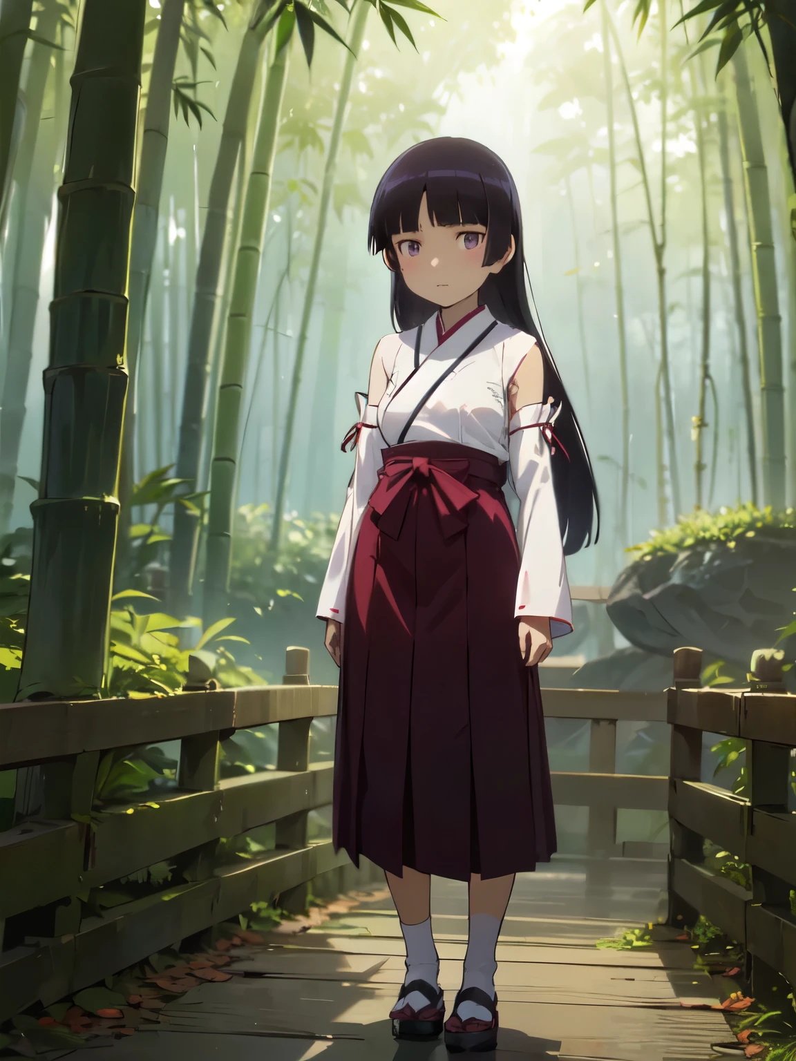 bamboo forest, Bamboo leaves swaying in the breeze, The tranquil Japanese ambiance, (ruri gokou), woman, alone, Hime cut, Long Hair, miko clothes, long sleeves, detached sleeves, side breasts, long hakama, 赤い hakama skirt, full body