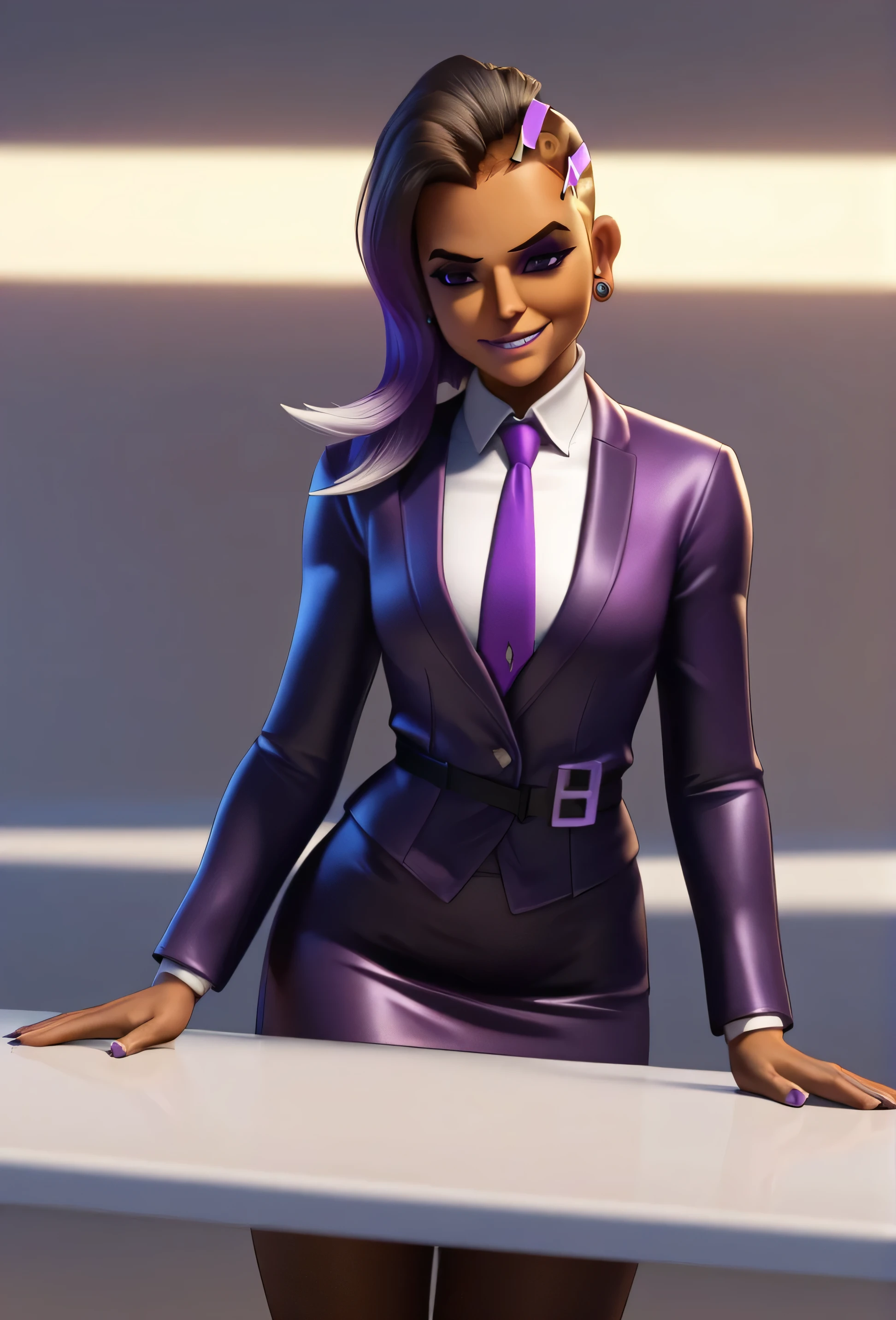 score_9, score_8_up, score_7_up, score_6_up, score_5_up, score_4_up, 3d,
owsombra, smirk, purple skirt suit, (((three-piece suit))), (((dress shirt))), (((purple necktie))), (((blazer))), (((suit jacket))), (((waistcoat))), double-breasted waistcoat, (((bodycon pencil skirt))