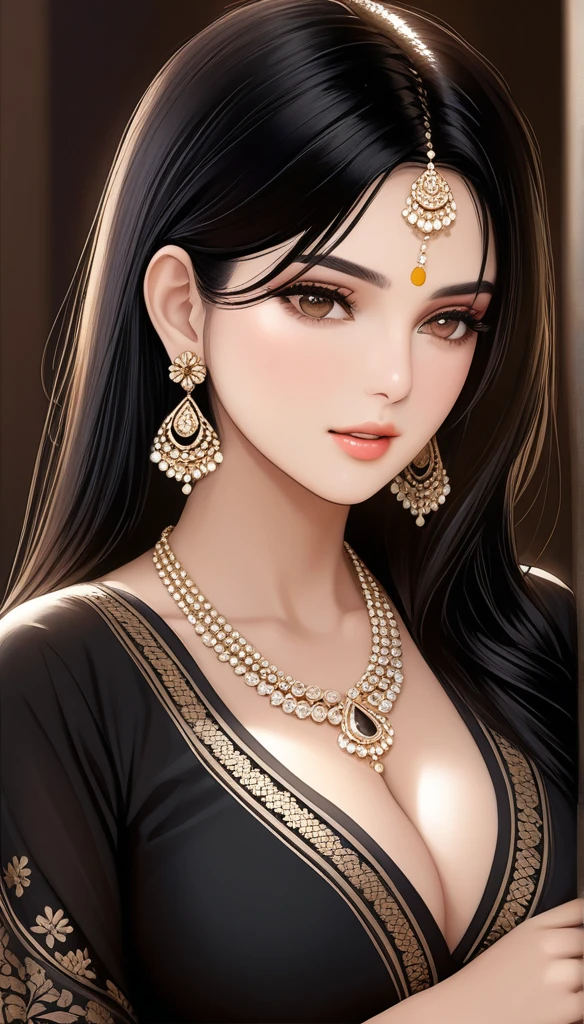 (best quality,4k,8k,highres,masterpiece:1.2),ultra-detailed,(realistic,photorealistic,photo-realistic:1.37),elegant mature woman,seductive pose, eyes,wavy blunt hair,black hair,black neck plunging kurta , black pajma,intricate patterns,saggy breasts,beautiful cg,soft light,long kundan jhumka earrings,cleavage,makeup, delicate necklace , dupatta