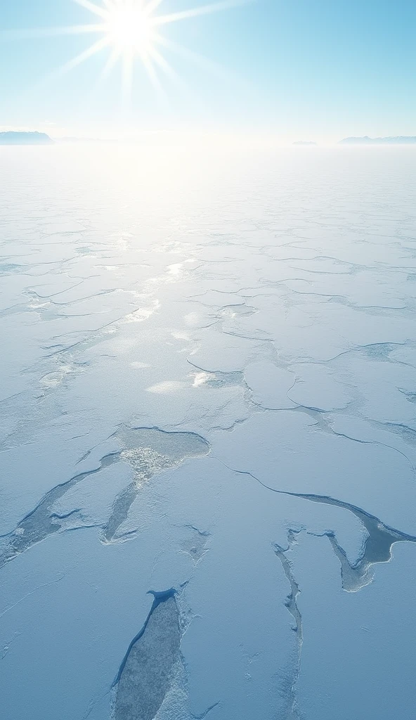 A breathtaking aerial view of Antarctica, where the entire landscape is covered in a vast, unbroken sheet of ice. The ice stretches endlessly in all directions, smooth and pristine, reflecting the cold, pale sunlight from the clear sky above. The surface is flawless, with only subtle variations in texture as the light catches on the ice. The horizon blends seamlessly into the sky, creating a stark, almost otherworldly atmosphere. There are no visible landmasses, crevasses, or signs of life—just an infinite expanse of pure, white ice under the bright, empty sky.