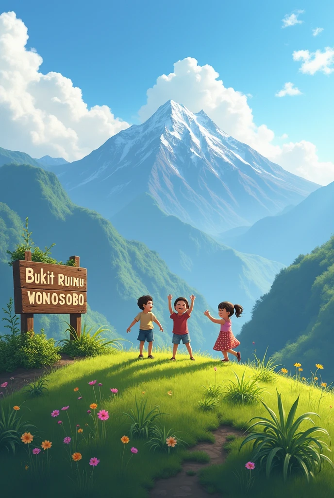 A is playing with her friends on a hill surrounded by beautiful mountains, and there is a signboard of Bukit Rindu Wonosobo
