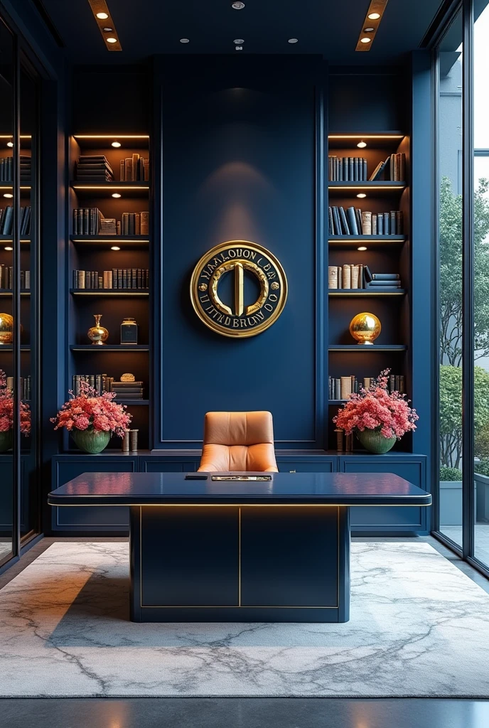 I want a spacious big wide glass-facade Luxury or Custom-Built library(CEO Titan Legion)2,000 square feet (186 square meters)
painted navy-blue with the logo of titan legion on the wall with flowers and awards hung on shelves/shelf's with an Executive Chair
and a broad Executive Desk in the office and a private conference area
