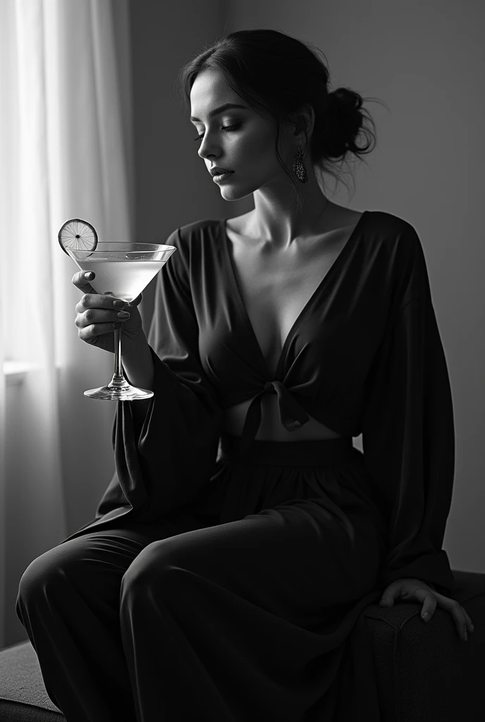 there is a woman taking a picture of herself in a black and white photo, a black and white photo inspired by Diane Arbus, tumblr, aestheticism, shes alone, alone dramatic, all alone, alone, alone!!, outfit photo, black and white tones, 🍸🍋, black and white monochrome, sitting alone, dressed with long fluent clothes, Big ass, and medium tits