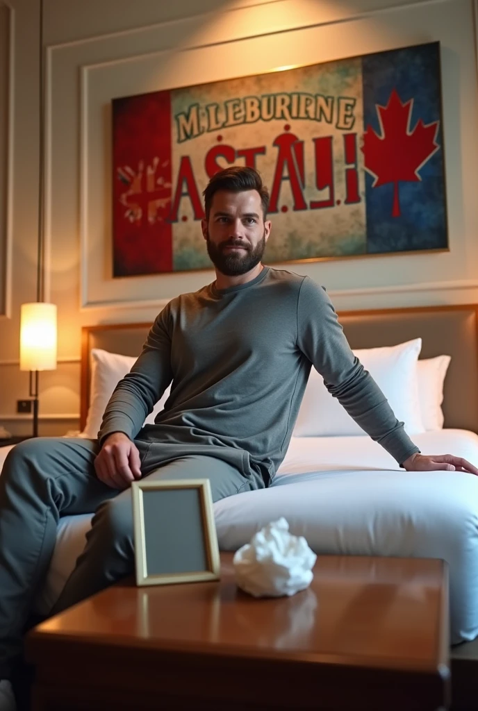 Homme caucasien grand de taille, charmant, un peu costaud, habillé en pantalon et tee-shirt manche longue, assis ou adossé sur une table dans une grande chambre d'hôtel, sur la table qu'il y ait également un papier mouchoir déjà utilisé sur la table et sur le lit de l'hôtel qu'il soit déposer un cadre photo grand ou moyen qu'il est possible de faire arrêter sur le lit et faire face à la caméra et sur le mur du chevet du lit un tableau sur lequel il est écrit en français : Melbourne AUSTRALIE et autour de la phrase qu'il y ait les emblèmes du CANADA QUÉBEC ou le drapeau du CANADA QUÉBEC