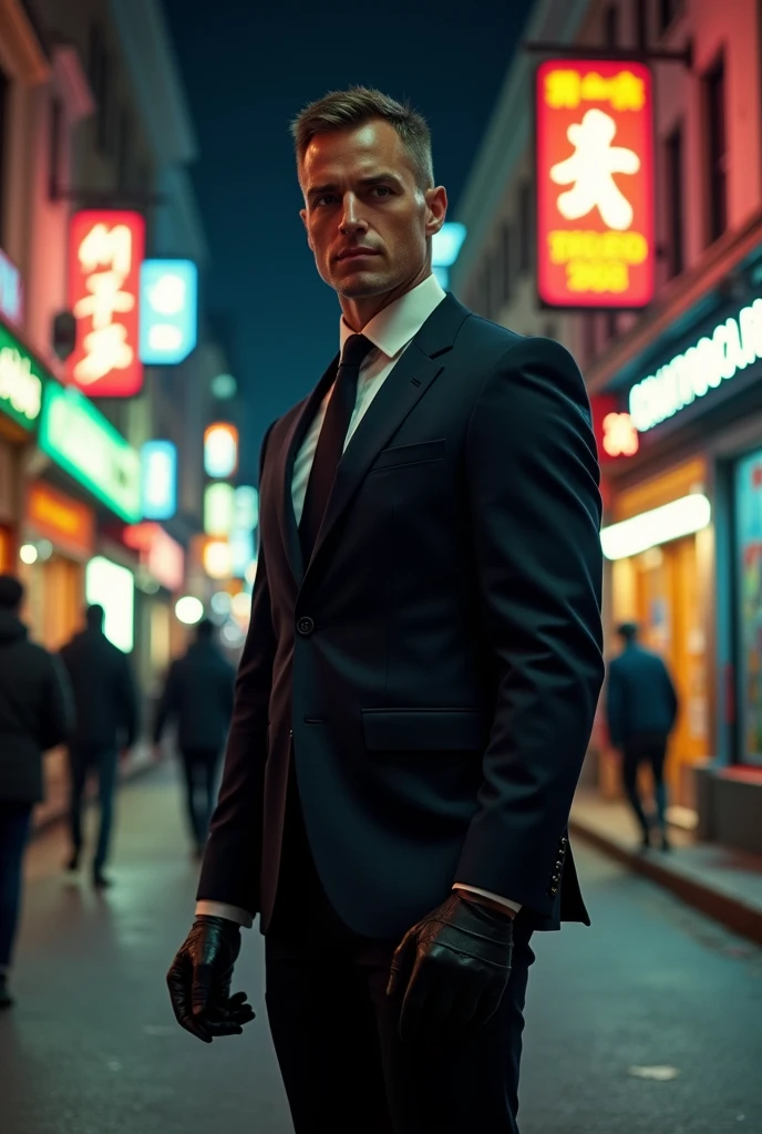make me a prompt of a agent in the street with complete face, hands, foot facing the front view whole body