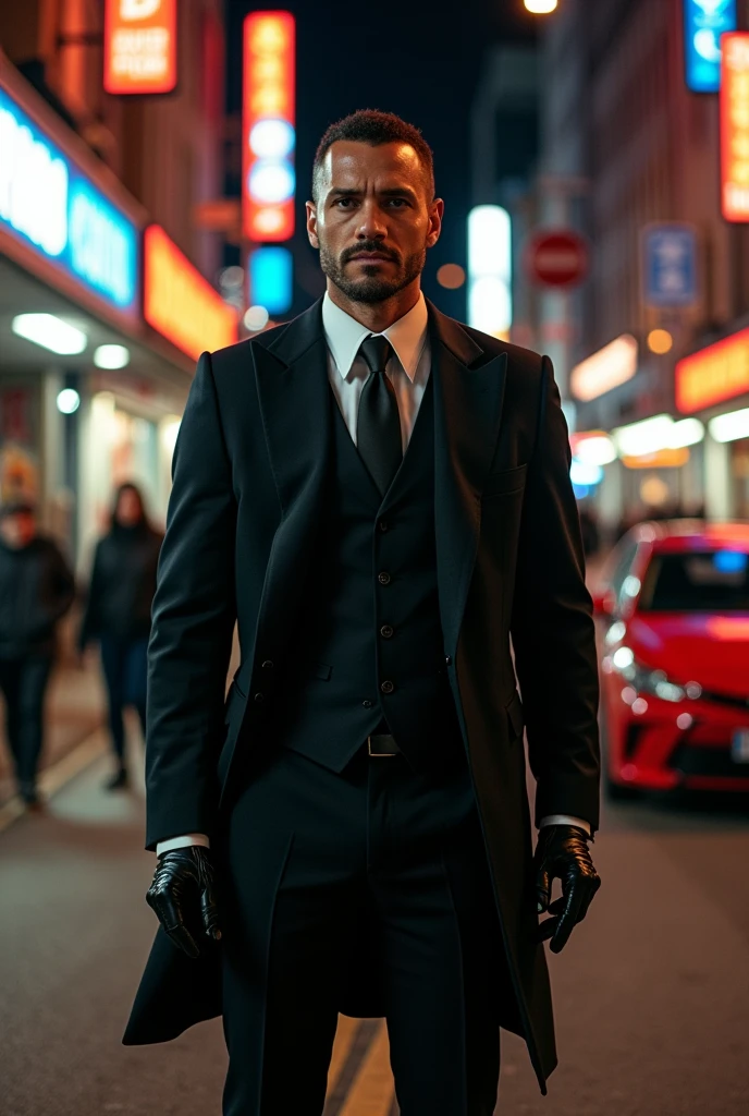 make me a prompt of a agent in the street with complete face, hands, foot facing the front view whole body