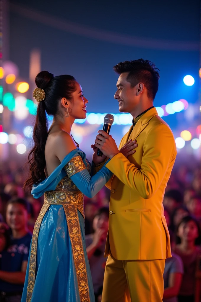 A Thai female singer in a blue genie outfit with her hair tied up and a Thai man in a yellow outfit singing a Luk Thung song together on stage at an outdoor concert at Mo Chit, Bangkok, Thailand, 1991.