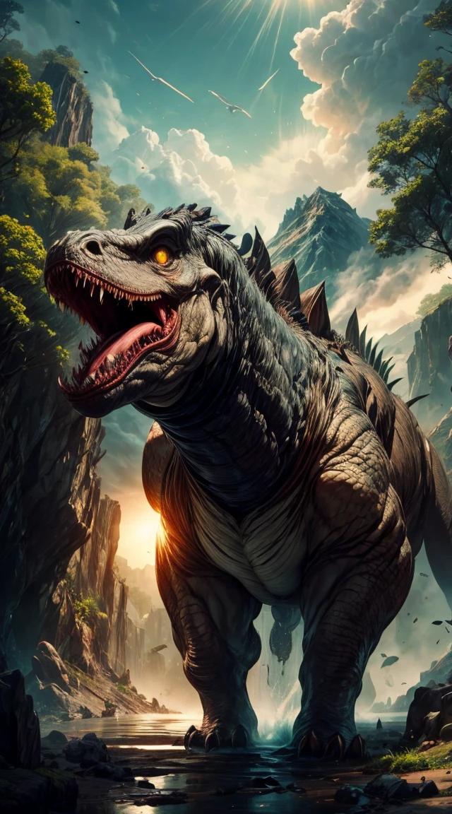 Tia has a rather slender figure.. She has white-gray hair. , She has short hair and large pale green eyes., detailed face , Tall face , A young girl appeared, holding a spear in both strong hands., And her curvy figure shows her enthusiasm and speed while running.. Behind them, Giant dinosaurs roamed among prehistoric trees.. The time difference between humans and dinosaurs overlapped during this great period., Full of excitement and thrills. The stunning landscape reflects man’s relationship with nature and the challenges they faced together in an ancient world full of danger and adventure.., The rift is revealed., Medium bust, superior quality, Lots of details, Purifocus, sharp and realistic