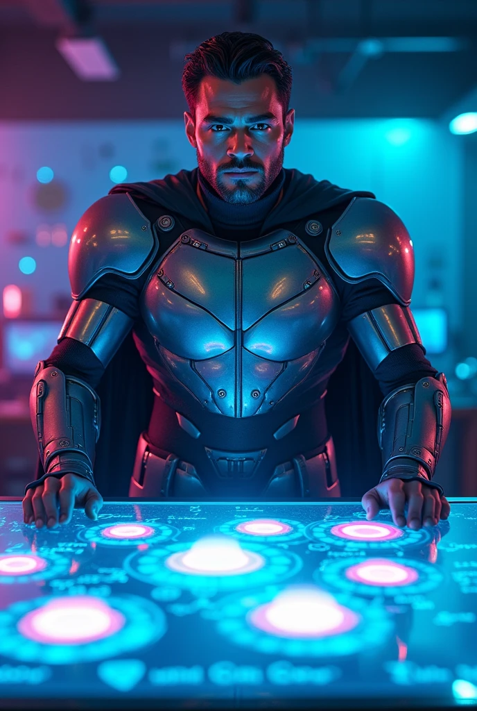 {
"size": "1024x1024",
"prompt": "Proton, in bright, shield-like armor, stands beside a glowing holographic table displaying various elements and their nuclei. The table should be vibrant, with distinct representations of different elements, each showing their proton numbers clearly. Proton’s expression is confident as he explains the importance of protons in defining each element."
}