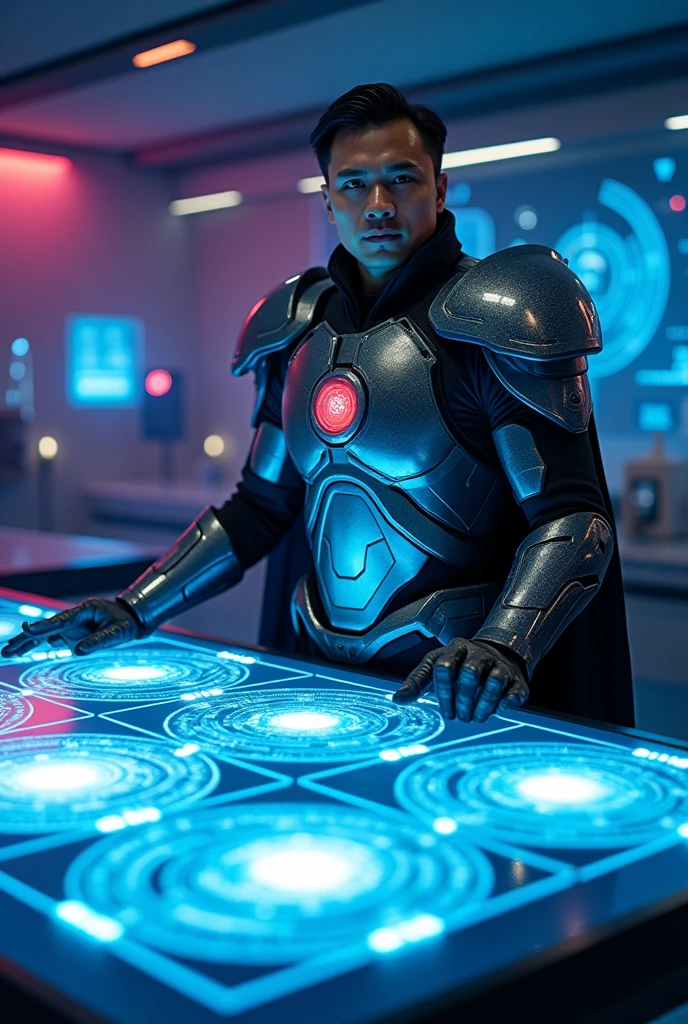 {
"size": "1024x1024",
"prompt": "Proton, in bright, shield-like armor, stands beside a glowing holographic table displaying various elements and their nuclei. The table should be vibrant, with distinct representations of different elements, each showing their proton numbers clearly. Proton’s expression is confident as he explains the importance of protons in defining each element."
}