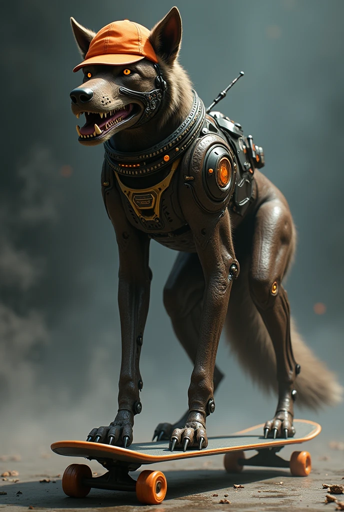 there is a dog that is standing on a skateboard, warframe hound, cyborg dog, legoshi from beastars, warframe hound art, good boy giant mecha wolf hound, death and robots, vecna from stranger things, anthropomorphic dog, dark but detailed digital art, death and robots two in the void, monstrocity animal with orange hat and brown skin and like greende dog