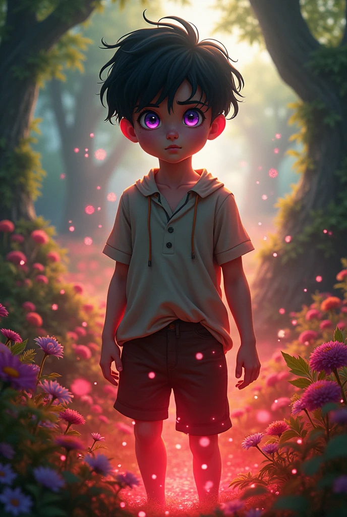 A boy with black hair and purple eye and with a red Aura 