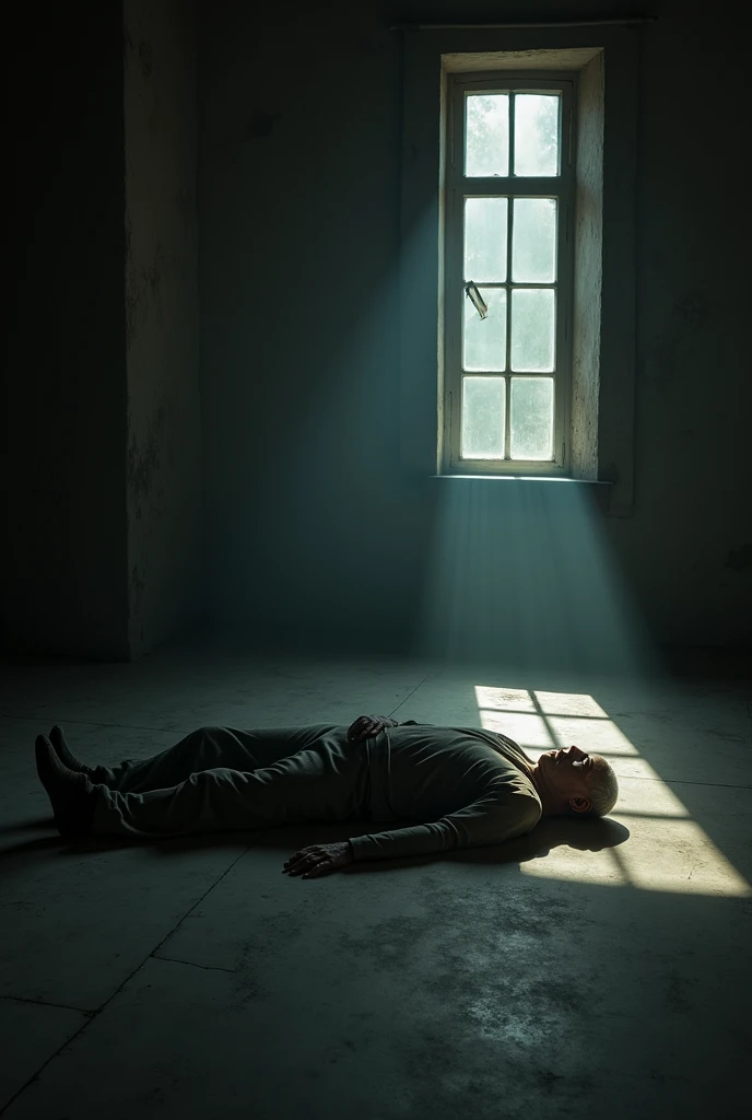 Noir photogrqphy.A petty old man (color pant) laid down on the floor, slightly his head look aside passively, inside empty space with dim light, dark fantasy, carbon tone, shadow play, negative space, one light source from open window, emotive pose