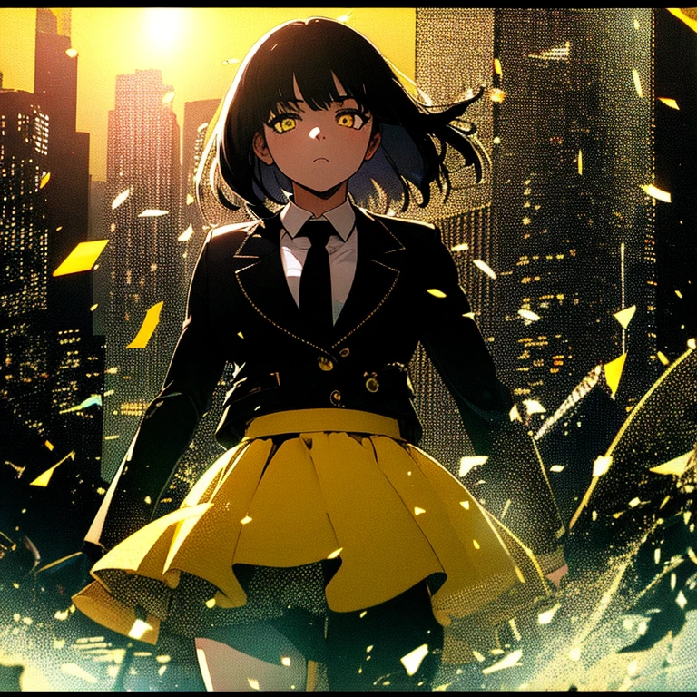 1girl, intricate detail, masterpiece, best quality, extremly detailed,cinematic lighting, beautiful detailed glow, finely detailed beautiful face and eyes, 8k, dark intense shadows, yellow eyes, medium hair, black hair, bangs, floating hair, black jacket, open jacket, white shirt, expressionless, yellow necktie, black skirt, spotlight, sunshine, sunrise, gradient sky, city, lens flare, cowboy shot, [[curvy]], [mature female]