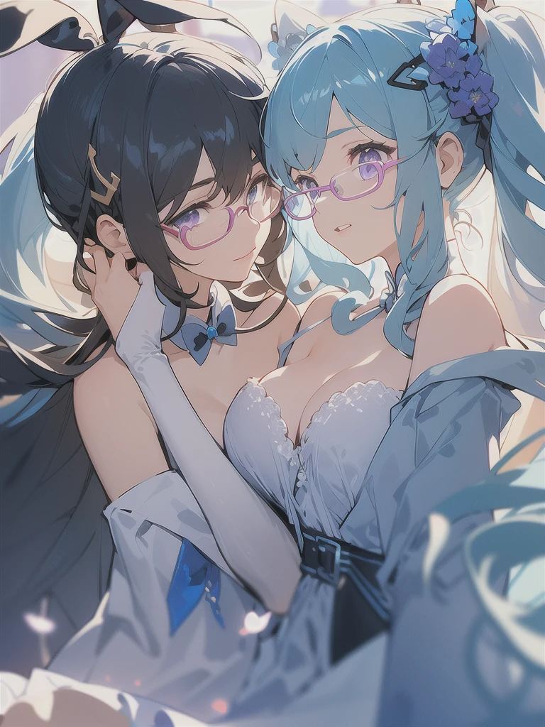 masterpiece, illustration, anime, girl with light blue soft hair soft color and ,wearing cute bunny hairpin, with bangs and long hair, wave/curly hair at down and straight at top (hair), using short white dress with blue flower pattern,jacket open and down ,wear only on shoulders with dark blue and gradations white ar down,with cute face and purple eyes, using white stocking and leg warmer blue,using purple shoes,using glasses white pretty, Chinese girl,icon headshot,ONLY ONE GIRL,CLOSE UP