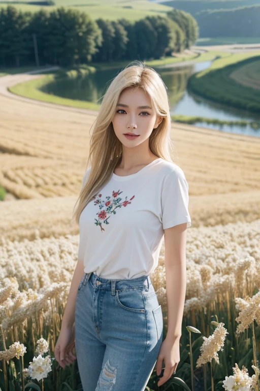 An extremely beautiful Asian model, blonde hair, brown eyes, snow-white skin, bright smile, using high-end cosmetics, wearing a white shirt with embroidered flowers, wearing red short jeans. Professional modeling pose. The background is a wheat farm, blooming flowers, a lake, blue sky, white clouds. Cinematic lighting, high detail, 8K, artstation, conceptual art, dark fantasy. Photo taken with Canon EOS R5 85mm f/11 camera, ((sharp)) mode of people and surroundings. Image quality ((8K)), ((realistic)), ((masterpiece)), ((sharpest and highest contrast)), ((excellent depth of field)), ((stereoscopic lighting)), ((angry, ferocious )), detailed pores, ((Direct light on the face)), bright sunlight.