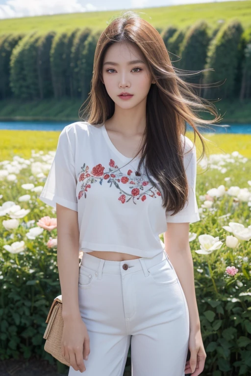 An extremely beautiful Asian model, blonde hair, brown eyes, snow-white skin, bright smile, using high-end cosmetics, wearing a white shirt with embroidered flowers, wearing red short jeans. Professional modeling pose. The background is a wheat farm, blooming flowers, a lake, blue sky, white clouds. Cinematic lighting, high detail, 8K, artstation, conceptual art, dark fantasy. Photo taken with Canon EOS R5 85mm f/11 camera, ((sharp)) mode of people and surroundings. Image quality ((8K)), ((realistic)), ((masterpiece)), ((sharpest and highest contrast)), ((excellent depth of field)), ((stereoscopic lighting)), ((angry, ferocious )), detailed pores, ((Direct light on the face)), bright sunlight.