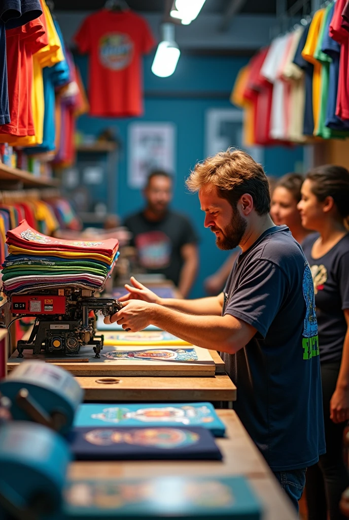 A men make his own photo print on T shirts,
So many T shirt’s back side In a shop some customers are waiting for their T-shirt