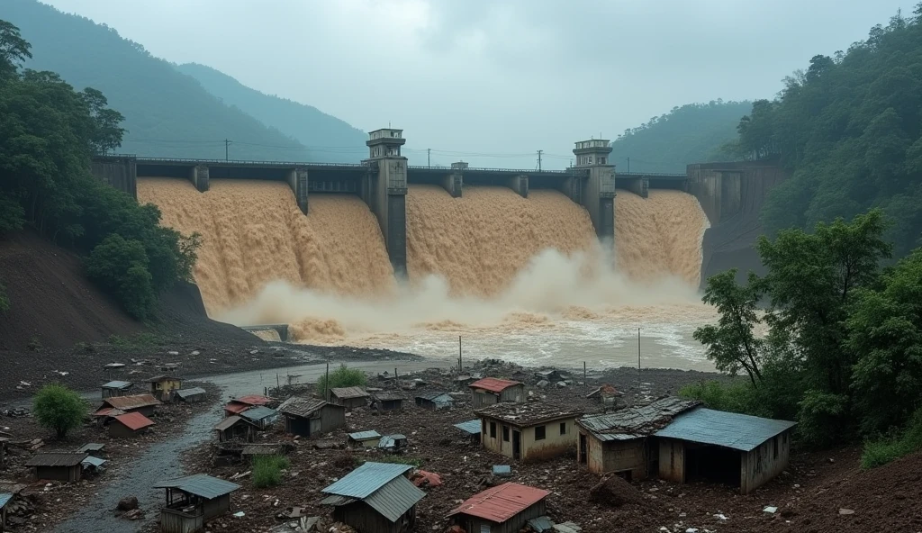 A Indian high dam destroy photo lot water  dirty and under the dam have lot of house destroyed  also include a little name (mullaperiyar dam)
